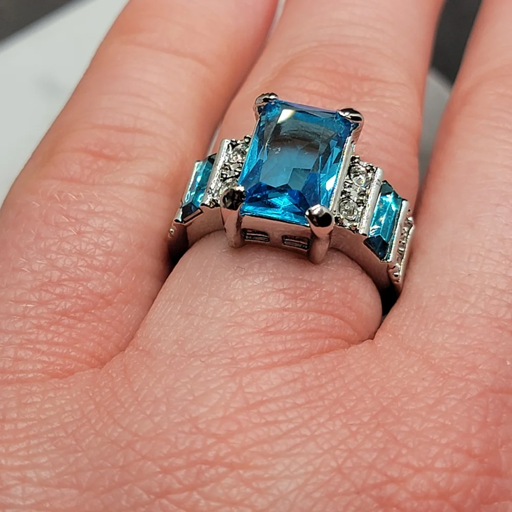 Silver Tone Simulated Blue Topaz Gemstone Ring